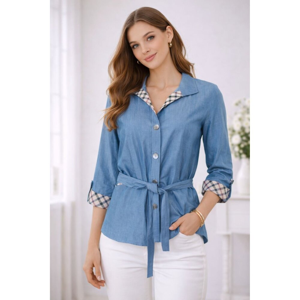 Blue Daks Of London Plaid Trim Belted Blouse/Jacket SZ 38